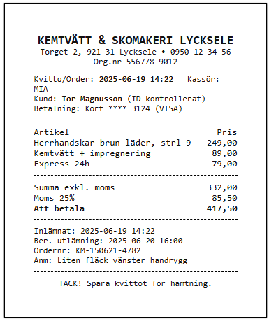 Kvitto kemtvätt